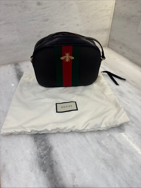 Gucci Handbags - Gucci‎ Webby Black Leather Camera Crossbody Bag Green Red Web Bee